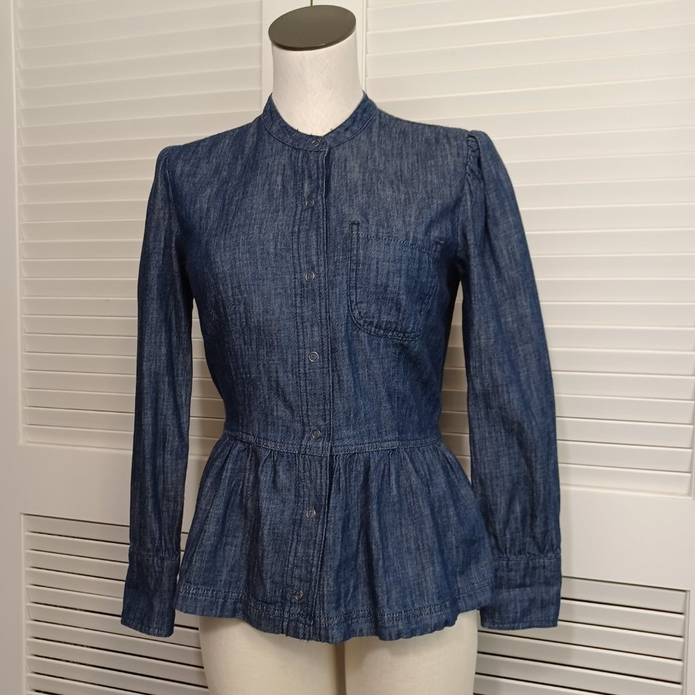 Lucky Brand Top Blue Chambray Denim Snap Front Peplum Top Womens size 4 - Picture 2 of 11